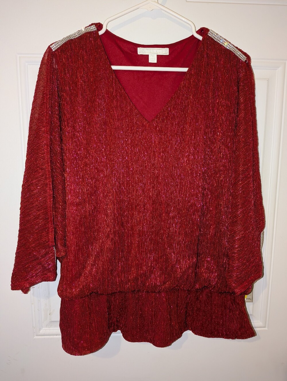 Women's Red V-Neck Tunic with Shoulder Embellishments
